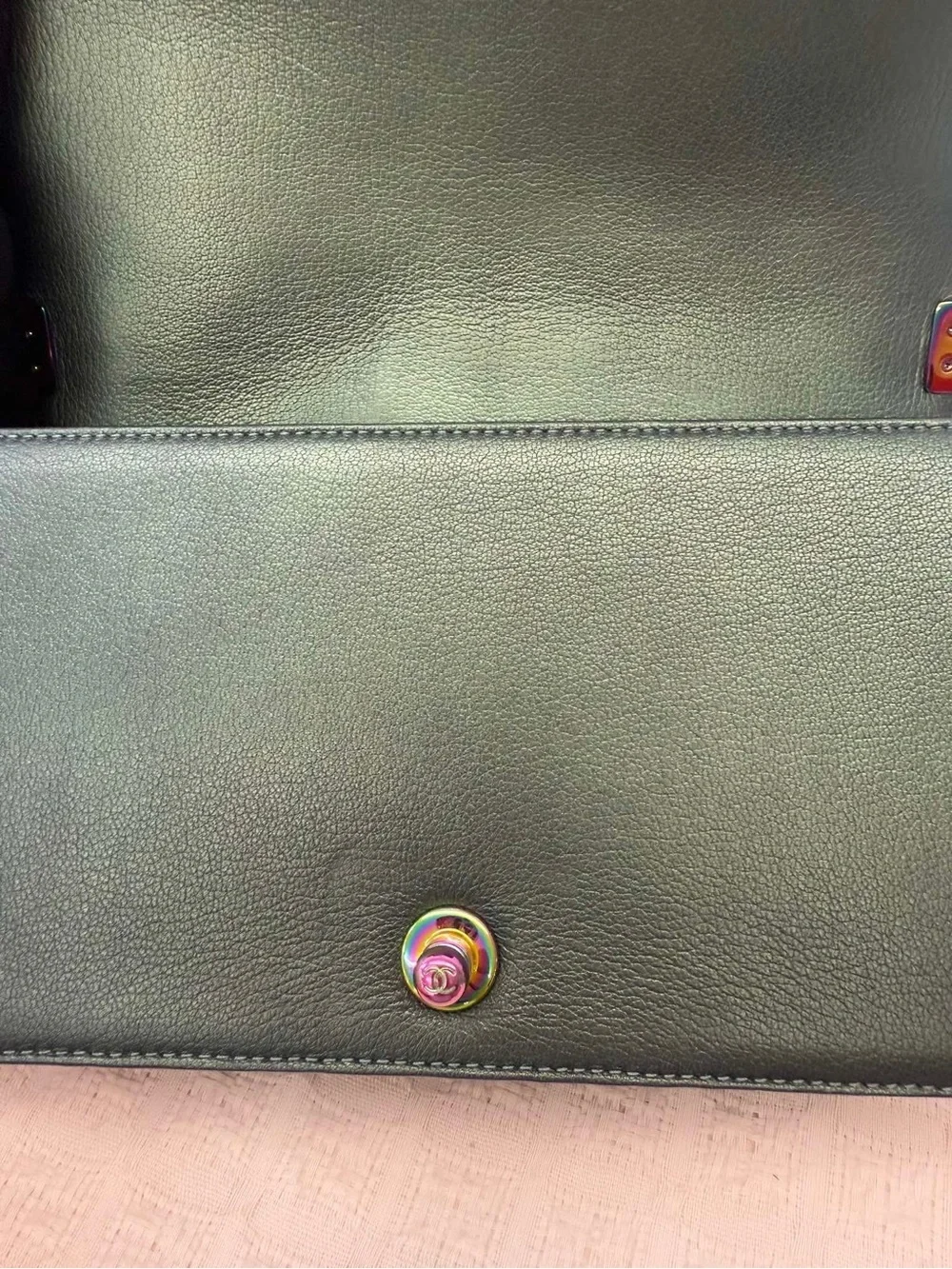 CHANEL LeBoy Iridescent Green Quilted Goatskin Flap Bag with Multicolor Hardware